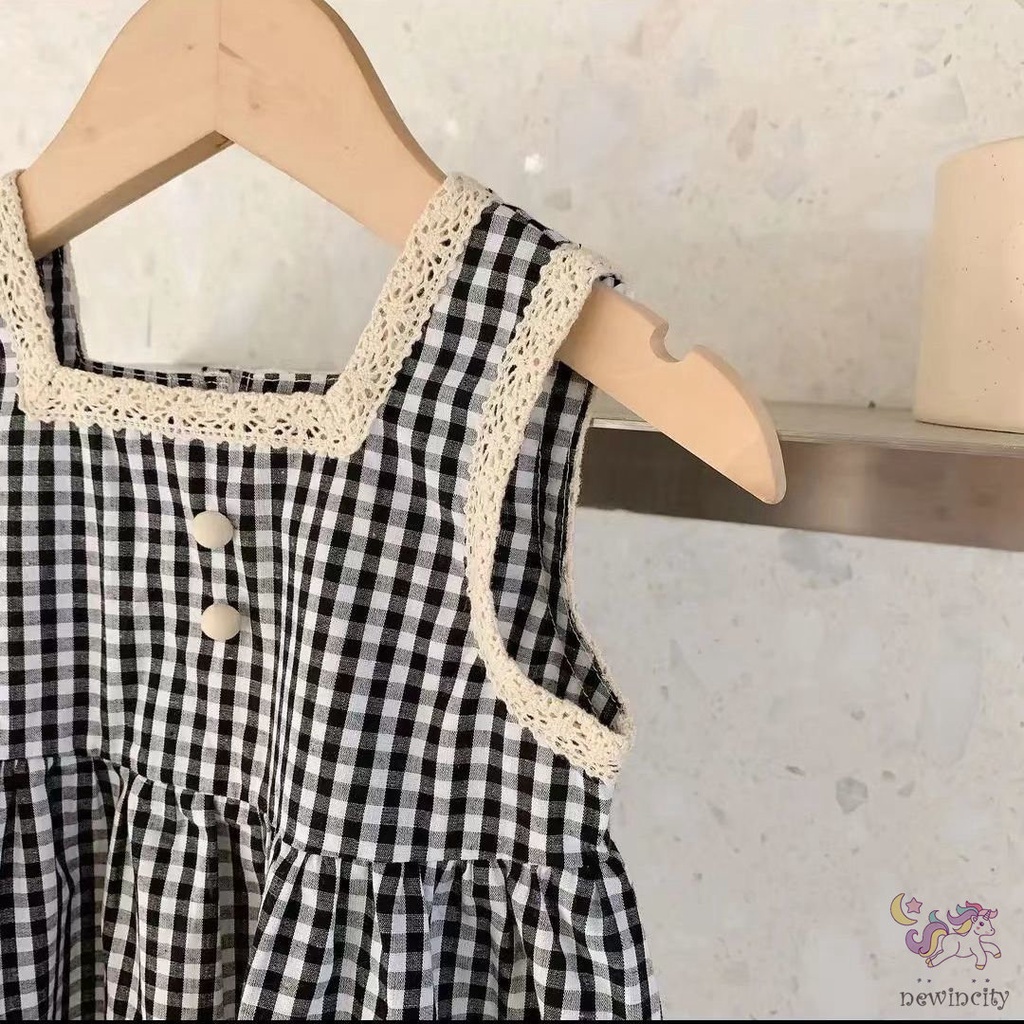 Đầm Công Chúa Không Tay Họa Tiết Caro Trắng Đen Phối Ren Phong Cách Hàn Quốc Cho Bé Gái