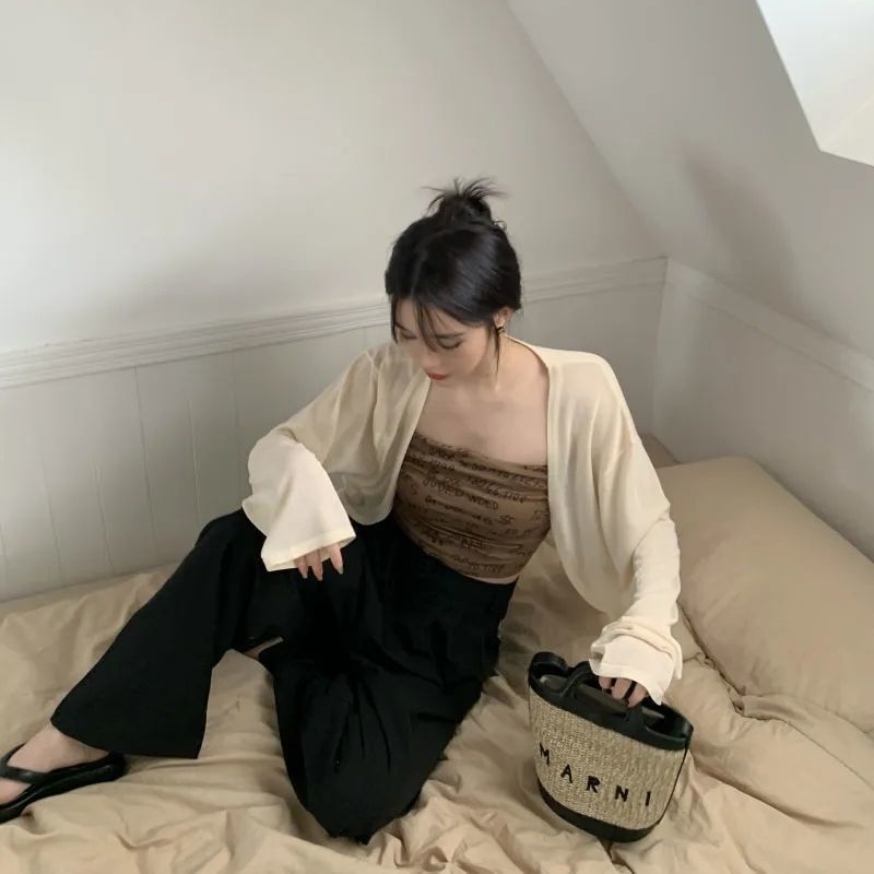 COZOK Set Áo Thun Tay Dài + Áo Khoác cardigan Sát Nách Dáng Ngắn In Chữ Trẻ Trung