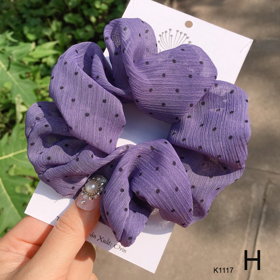 Buộc tóc, cột tóc vải scrunchies chiffon chấm bi siêu đẹp Orin K1117
