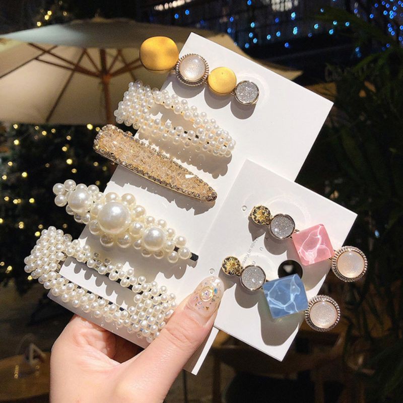 Set 3-5 kẹp tóc kim loại đính hạt kèm túi đựng