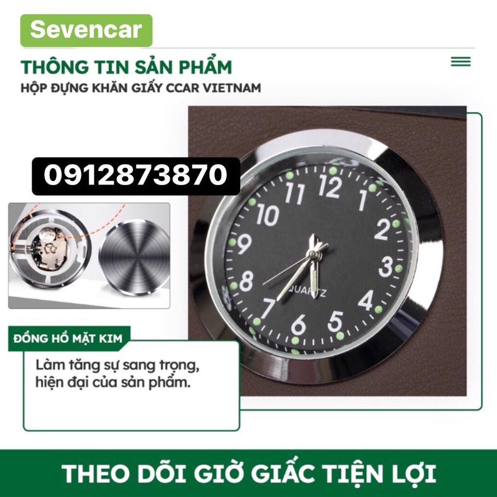Hộp đựng khăn giấy trên ô tô, bảng ghi số điện thoại xe hơi, đồng hồ trên ô tô 3 trong 1 cao cấp- Sevencar