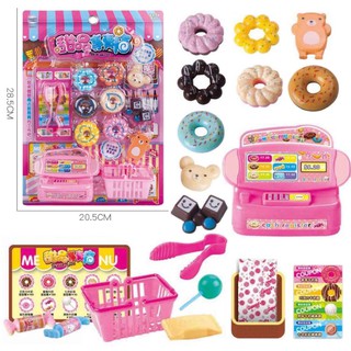 Vỉ đồ chơi bánh ngọt, bánh qui, donut kèm máy tính tiền siêu thị và giỏ siêu thị cho bé thích nấu ăn A49 A49