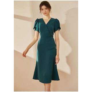 Đầm cổ tim đấp chéo xanh cổ vịt trơn tay ngắn