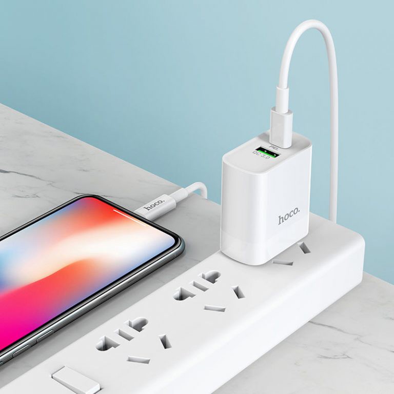 Bộ sạc nhanh PD20W Hoco C80/C80A Plus gồm 2 cổng USB và C, QC3.0 dây cáp dài 1m - Chính hãng