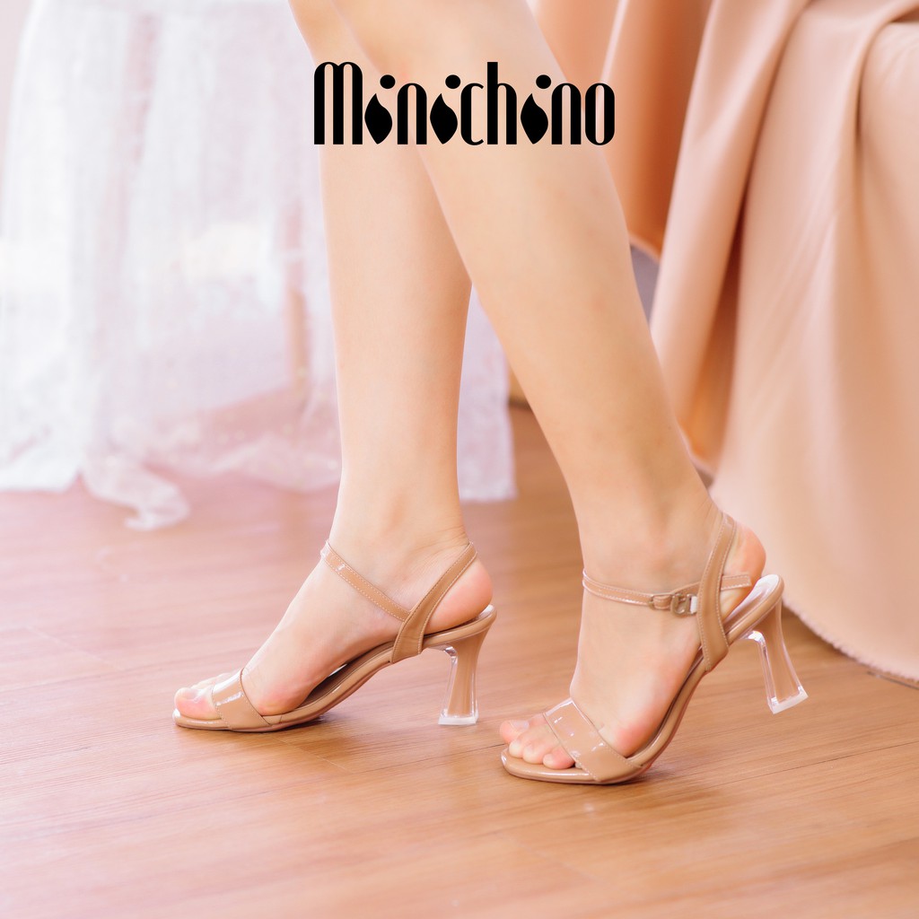 Giày cao gót MINICHINO nữ thời trang, giày sandal gót cao hỡ mũi trụ cao 7p fom chuẩn size 35-40 màu kem