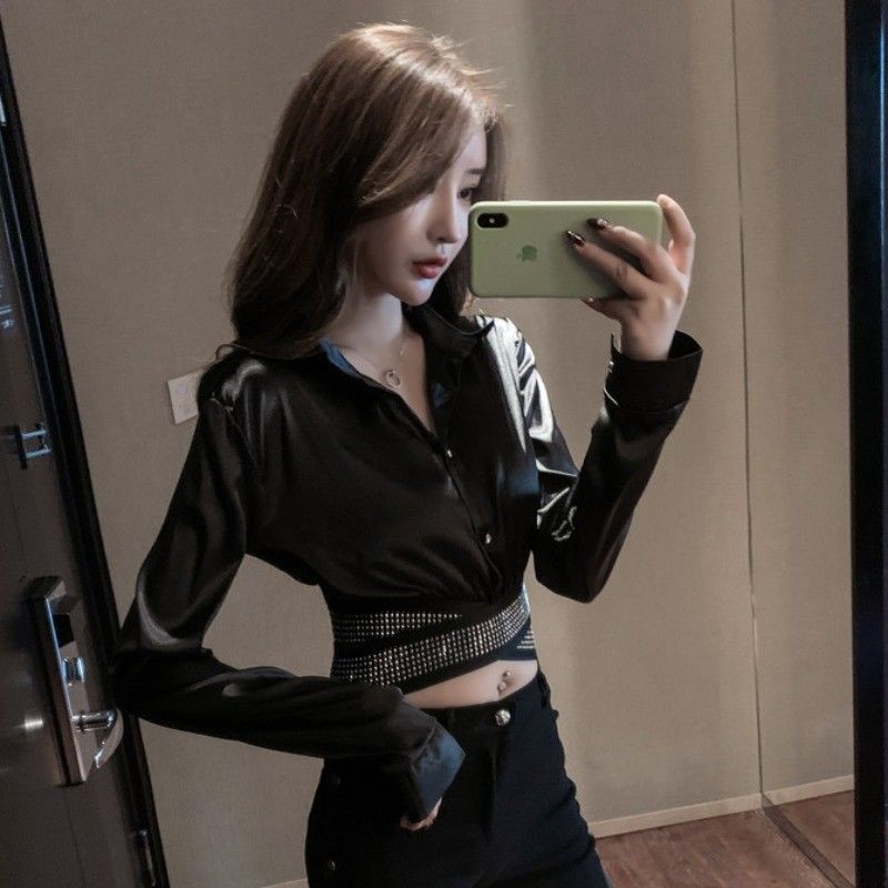 Áo Sơ Mi Vải Satin Tay Dài Đính Kim Sa Màu Đen Thời Trang Sang Trọng Cho Nữ