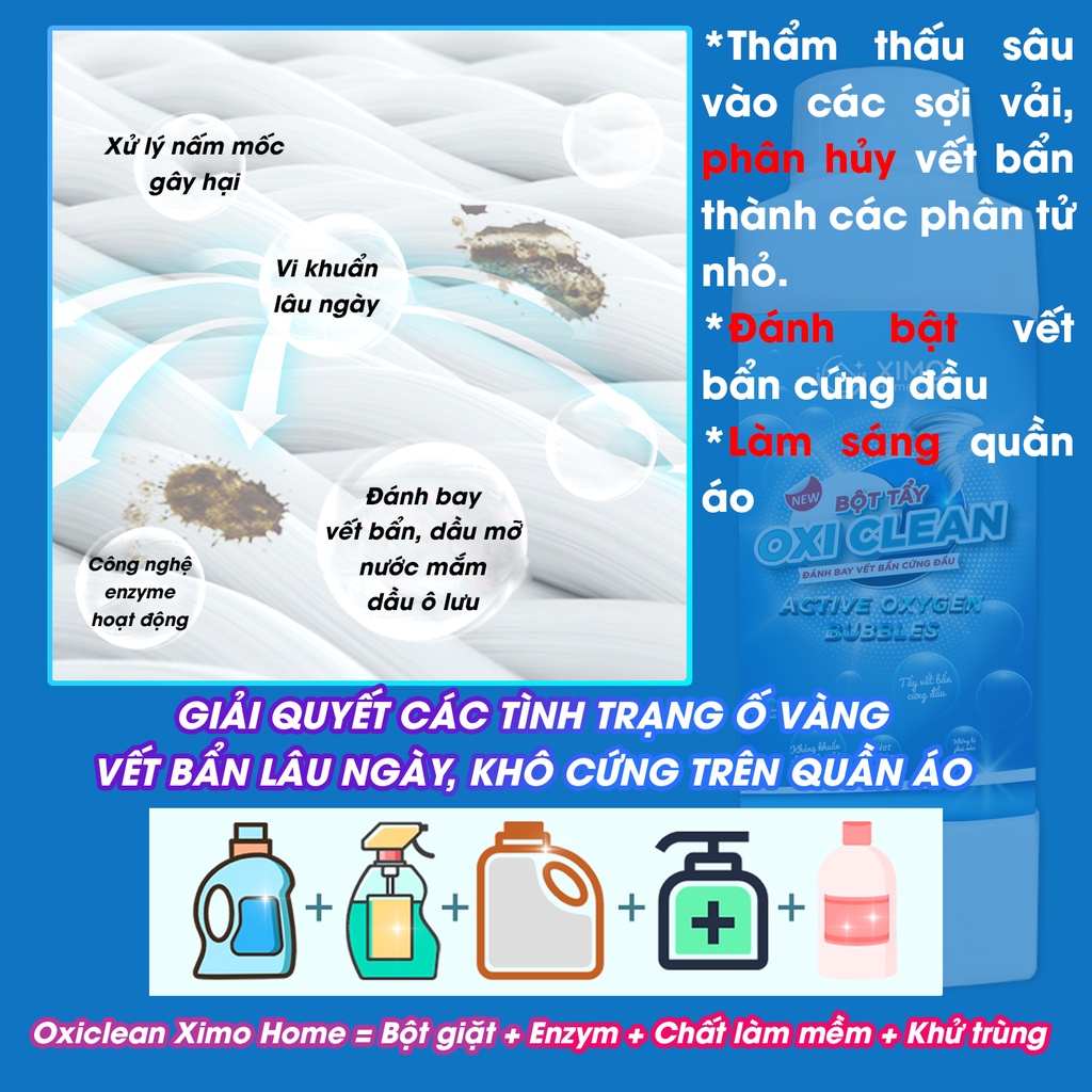 Bột tẩy trắng quần áo Oxi Clean Ximo Home đánh bay mọi vết bẩn cứng đầu ố vàng, nấm mốc 350g