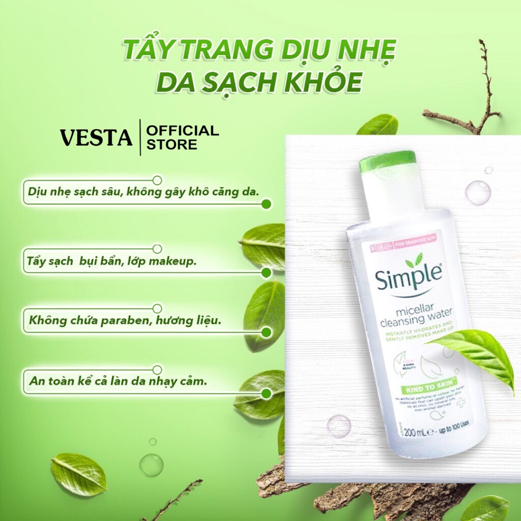 Nước Tẩy Trang Simple Micellar 200ml Làm Sạch Trang Điểm Skincare Chăm Sóc Dưỡng Da Vượt Trội