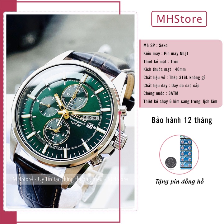 Đồng hồ nam Seko dây da cao cấp, chạy 6 kim, thời trang hiện đại sang trong, lịch lãm đẹp giá rẻ