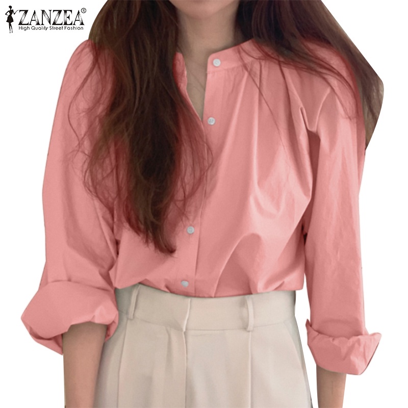 Áo kiểu ZANZEA cổ tròn dáng rộng màu trơn có nút cài thời trang thường ngày cho nữ