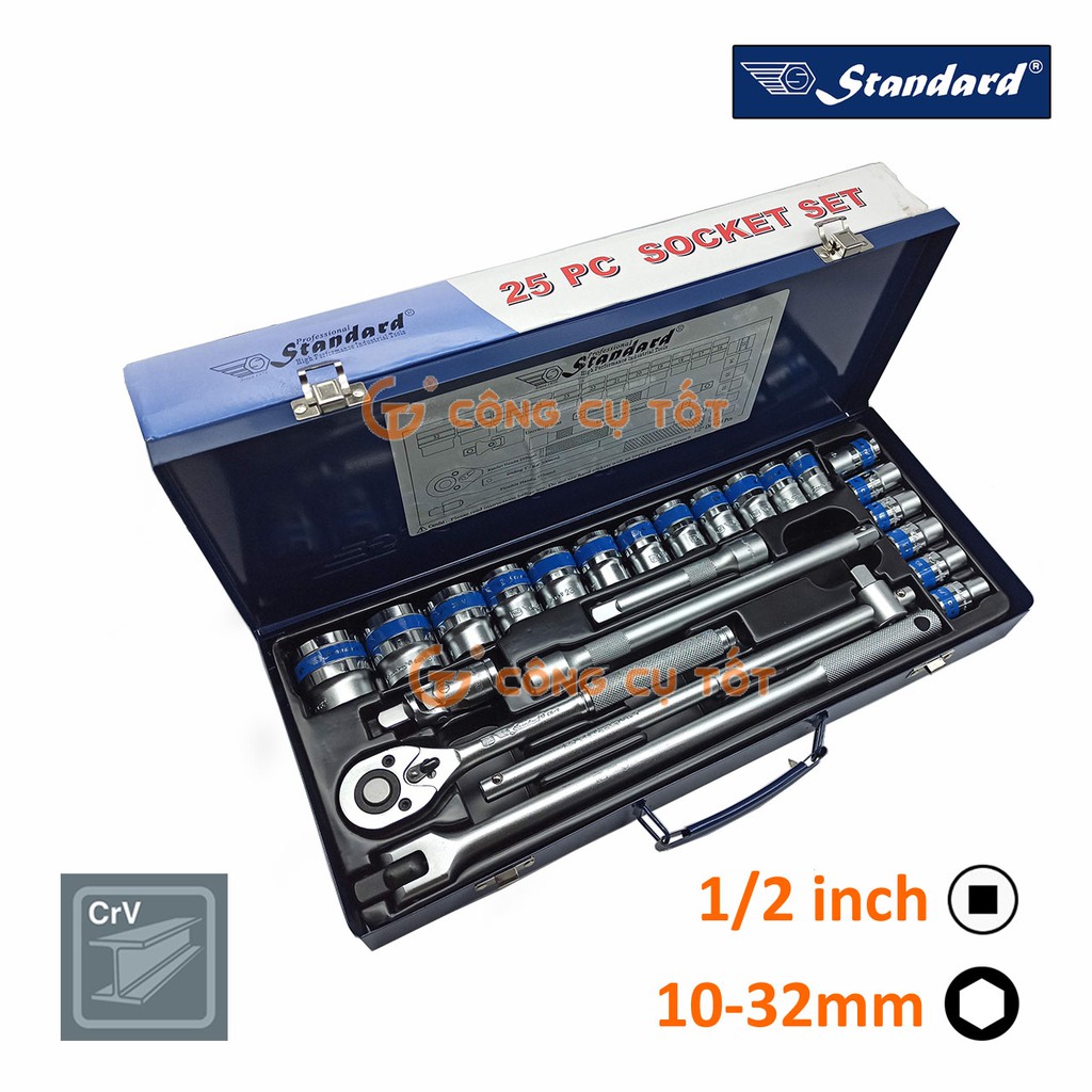 Bộ tuýp 25 chi tiết 1/2" hệ mét Standard