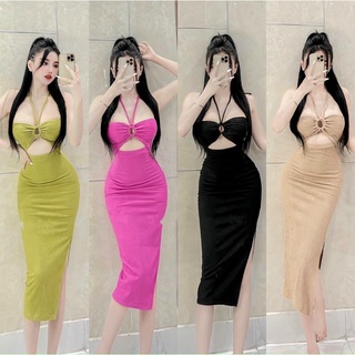 ĐẦM BODY CỔ PHỐI KHOEN TRÒN NGỰC DÁNG DÀI XẺ TÀ