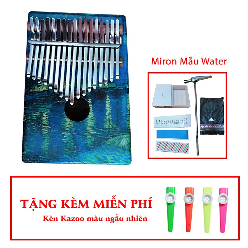 Đàn Kalimba Gỗ cao câp 17 phím Thương hiệu Myron họa tiết Water TẶNG kèm kèn Kazoo màu ngẫu nhiên - HÀNG CÓ SẴN