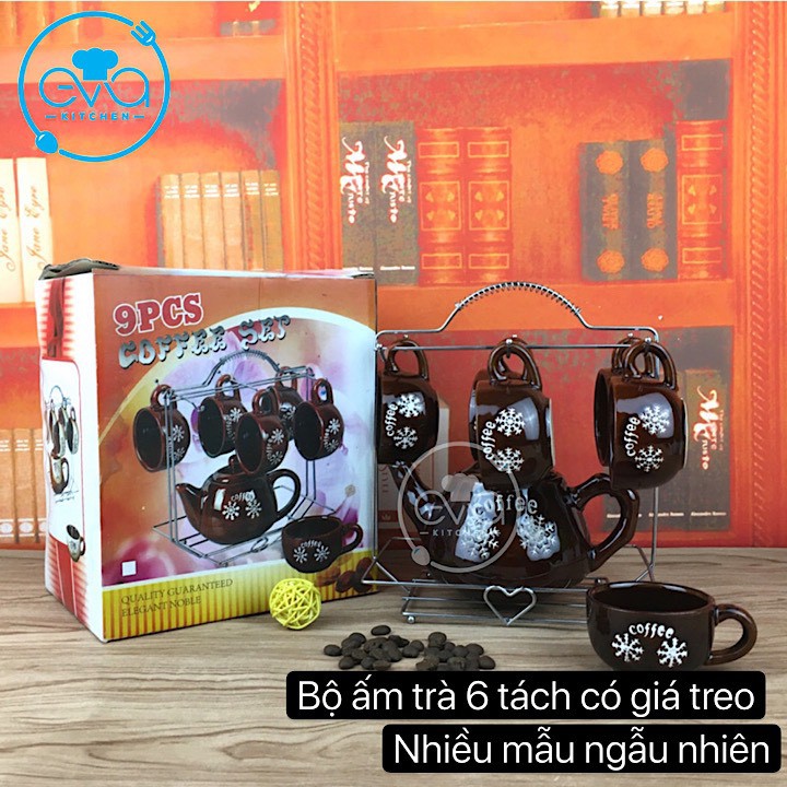 Bộ Tách Trà Sứ Cao Cấp 6 Ly Và Bình Trà Tặng Kèm Giá Treo Ly Tiện Dụng