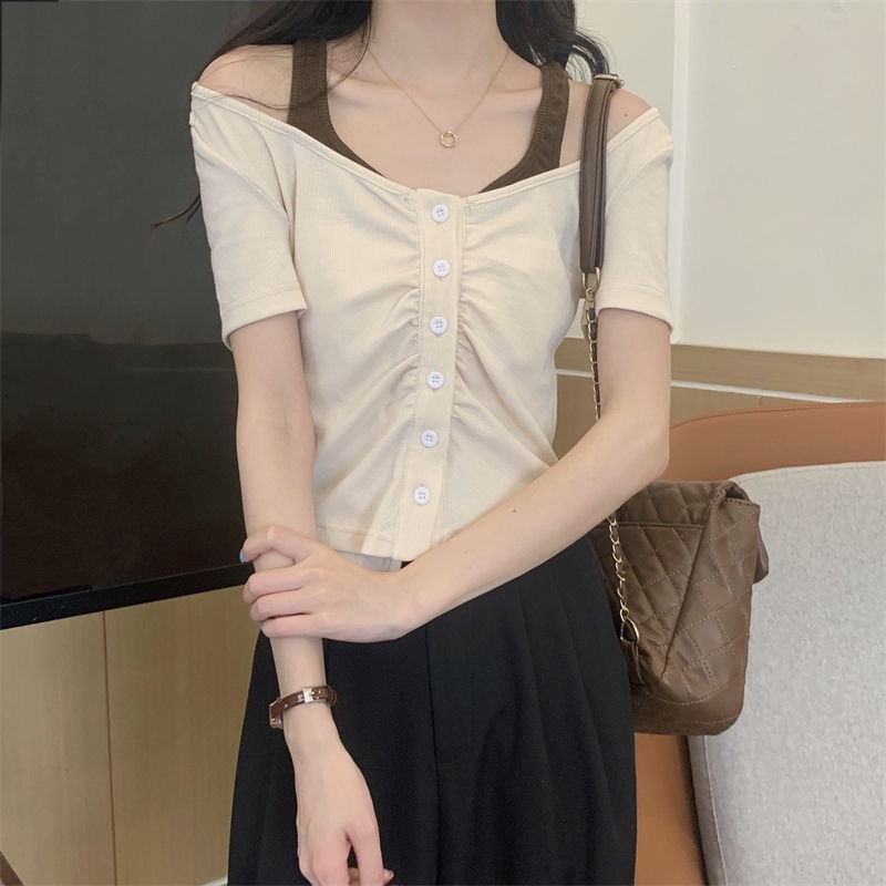 Áo Thun Ngắn Tay Giả Hai Lớp Màu Sắc Tương Phản Phong Cách Hàn Quốc Dành Cho Nữ