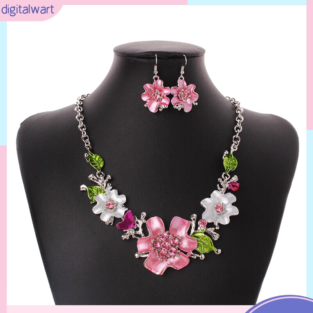 Bộ Vòng cổ + Bông Tai Đính Đá Hình Hoa Nhiều Màu Cho Nữ