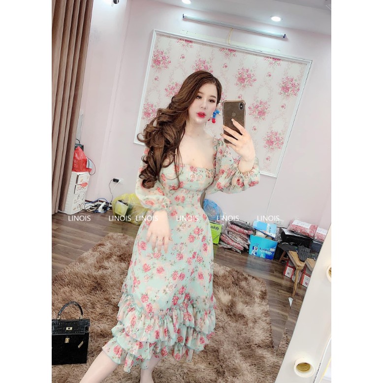 [CH12] Đầm Hoa Tay Dài Phồng Vai Cổ Vuông Đuôi Bèo Tầng - Vải Voan - Dành Cho Nàng Đi Tiệc, Đi Chơi - ẢNH THẬT | BigBuy360 - bigbuy360.vn