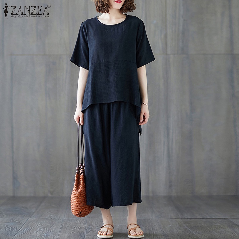 Set quần áo Zanzea gồm áo tay ngắn cổ tròn vạt lệch + quần ống rộng lung thun phong cách Hàn Quốc cho nữ