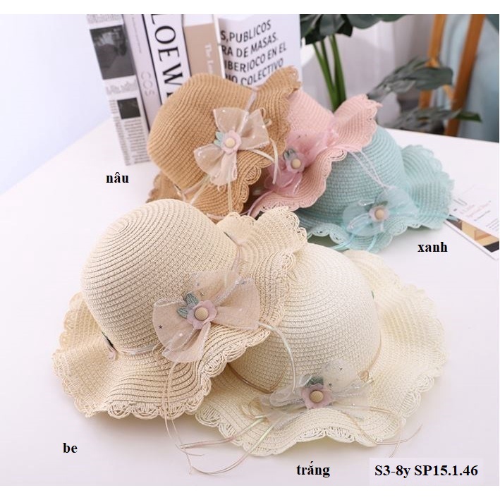 A23 Mũ cho bé/ Mũ cói đi biển cho bé gái/ Mũ cói vành rộng đính hình dễ thương,chống nắng cho bé  S3-6y