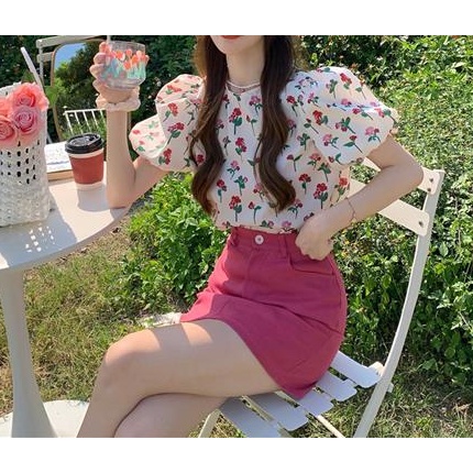 Bộ Áo Tay Ngắn Phồng + Chân váy jean Lưng Cao In Hoa Thời Trang Mùa Hè Hàn Quốc 2022 Dành Cho Nữ