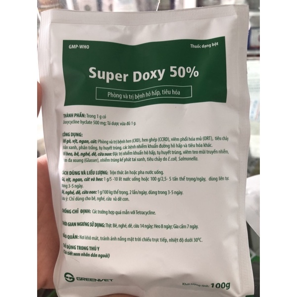 Super Doxy 50% hen,hen ghép, viêm phổi hoá mủ, nhiễm khuẩn hô hấp, kế phát tai xanh, tiêu chảy trên gia súc gia cầm 100g