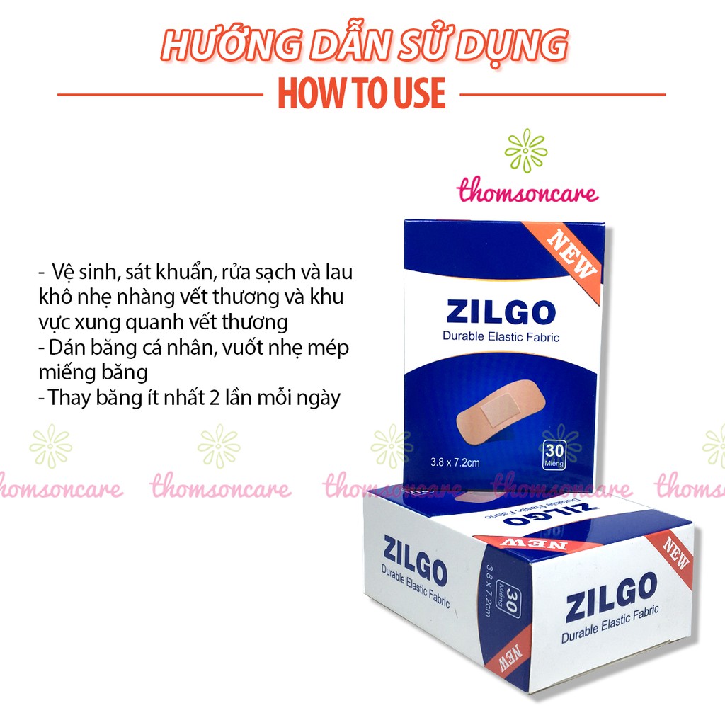 Băng vết thương cá nhân Zilgo Hộp 30 miếng size to 3.8 x 7.2 cm - băng dính y tế cầm máu, các vết trầy xước