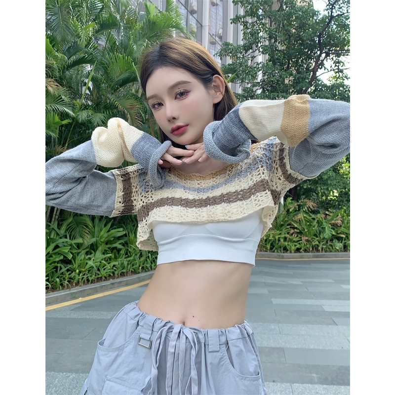 QKOOLE Áo croptop  dệt kim tay dài phong cách cổ điển Hàn Quốc cho nữ