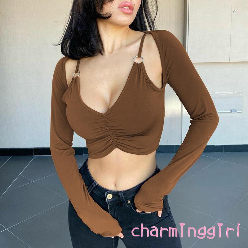 QAQ-Women´s Crop Tops Solid Color Deep V Neck Long Sleeves Cropped Navel Shirt Blouse