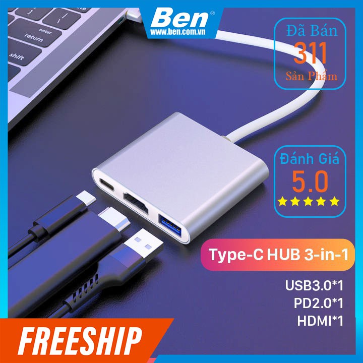 Hub Type C 3in1 - Cổng chuyển đổi HUB USB Type-C to HDMI, USB 3.0, PD Type-C cho Laptop Macbook, Điện thoại, Samsung Dex