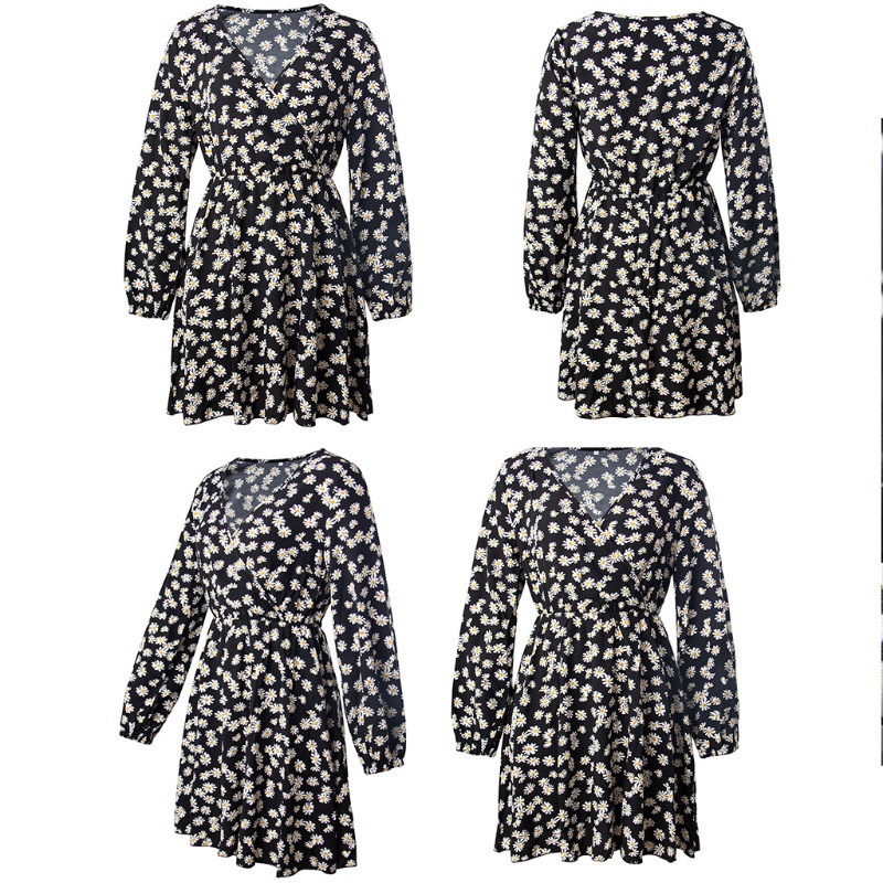 Đầm Midi Chữ A Tay Dài Phồng Cổ Chữ V In Họa Tiết Hoa Cúc Phong Cách Boho Gợi Cảm Cho Nữ