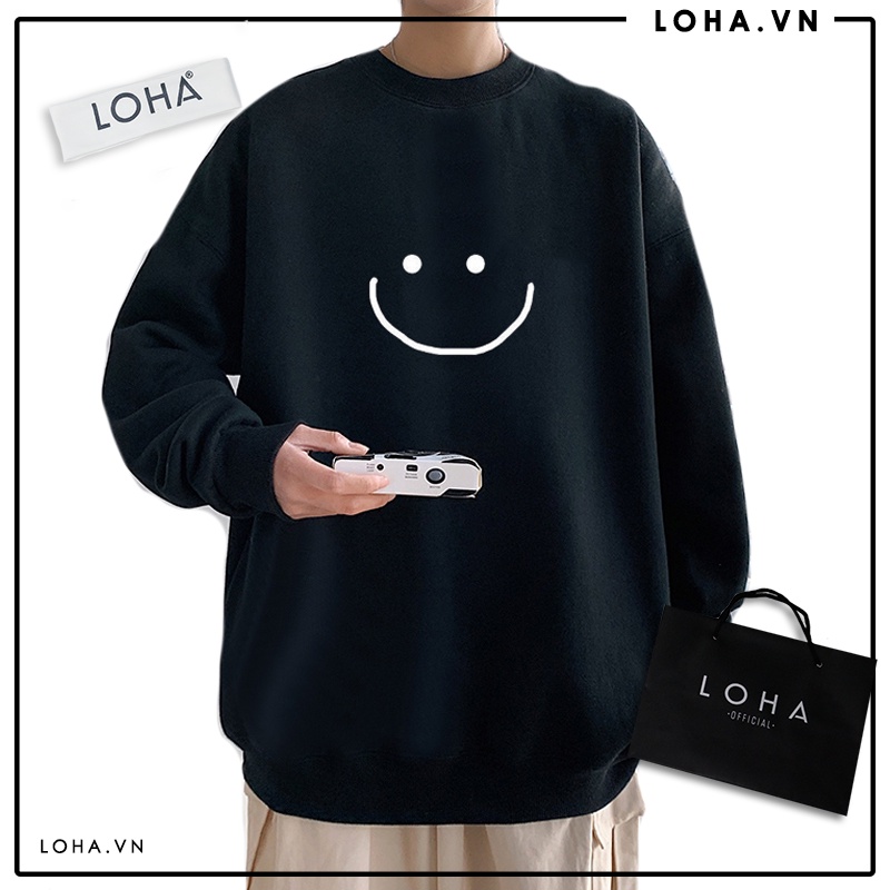 Áo Sweater Mặt Cười oversize LOHA Basic, áo nỉ Nhật cao cấp dài tay Unisex LOHA
