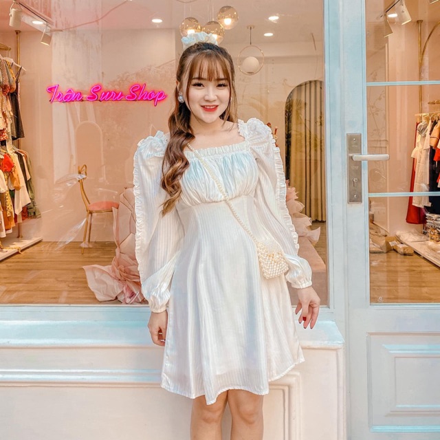 Váy trắng tay bồng dài trân suri
