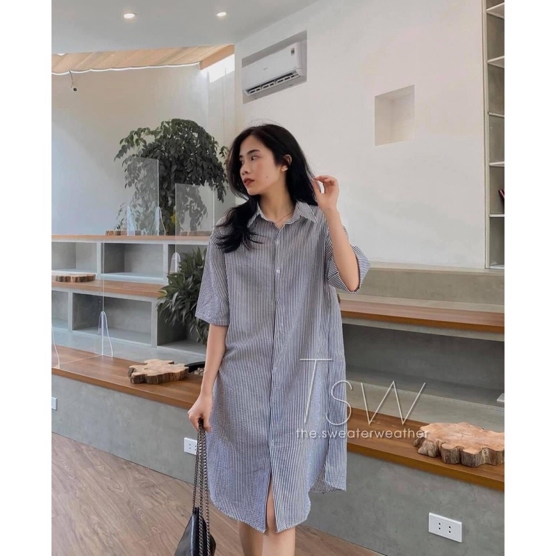 Váy sơ mi nữ kẻ dáng suông cộc tay, Đầm nữ oversize Hàn Quốc đẹp – (TTA89)