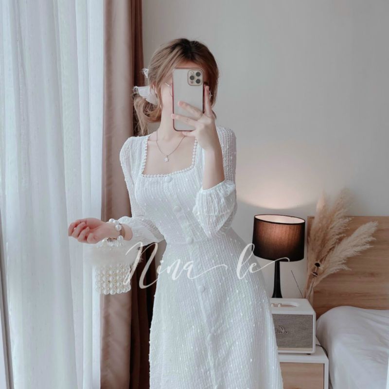 Đầm dự tiệc trắng cỗ vuông tay phồng dáng dài (Hàng có sẵn) | BigBuy360 - bigbuy360.vn