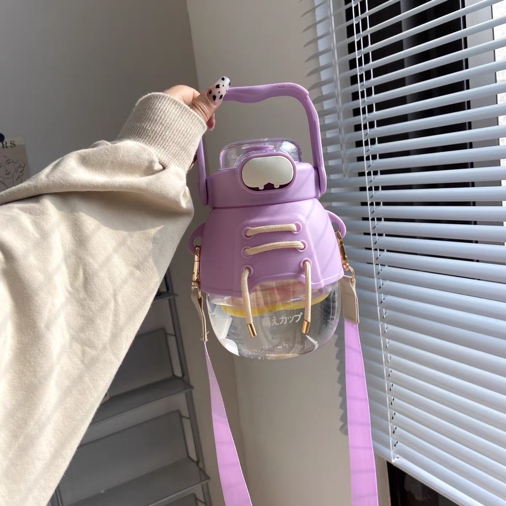 Bình nước 1200ml,1l, bình đựng nước cute, có ống hút dây đeo, tặng kèm sticker