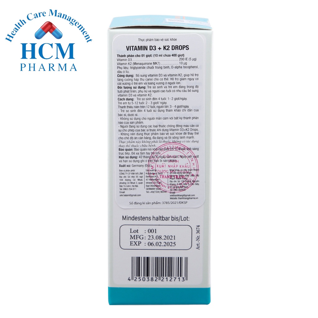 Vitamin D3 K2 mk7 tăng chiều cao cho trẻ sơ sinh Sanct Bernhard dạng drop chai 10ml nhập khẩu Đức HCM PHARMA TTG12