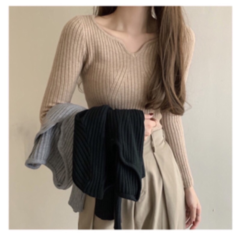 Áo len tăm nữ cổ thấp,len tăm cổ V
