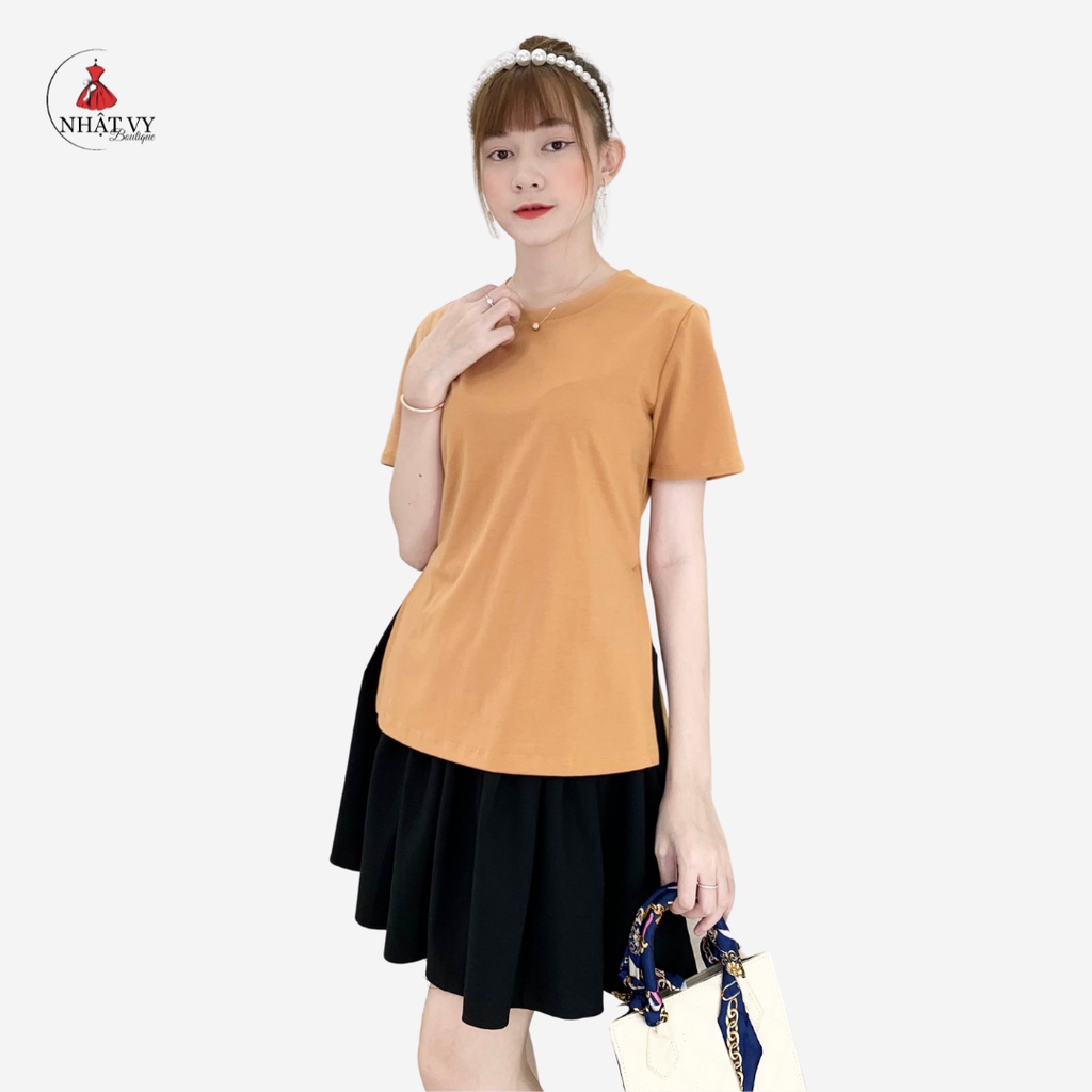 Áo Nữ NHẬT VY Trơn Cổ Tròn Xẻ Tà 2 Bên Tay Ngắn Chất Thun Màu Nâu, Đen, Trắng - D2096