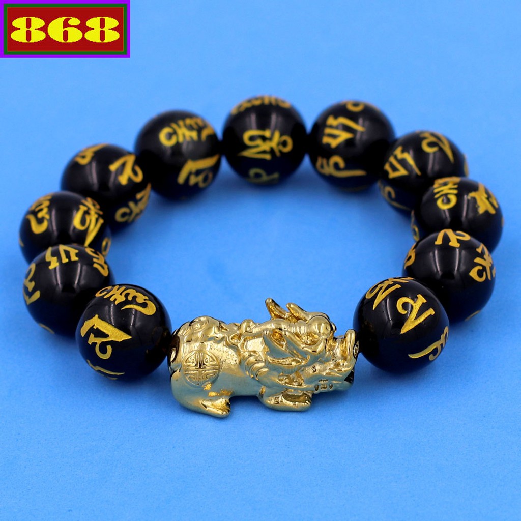 Vòng tay chuỗi hạt phong thủy đen chữ Phật màu vàng 16 ly tỳ hưu inox vàng VTAEPVTHV16