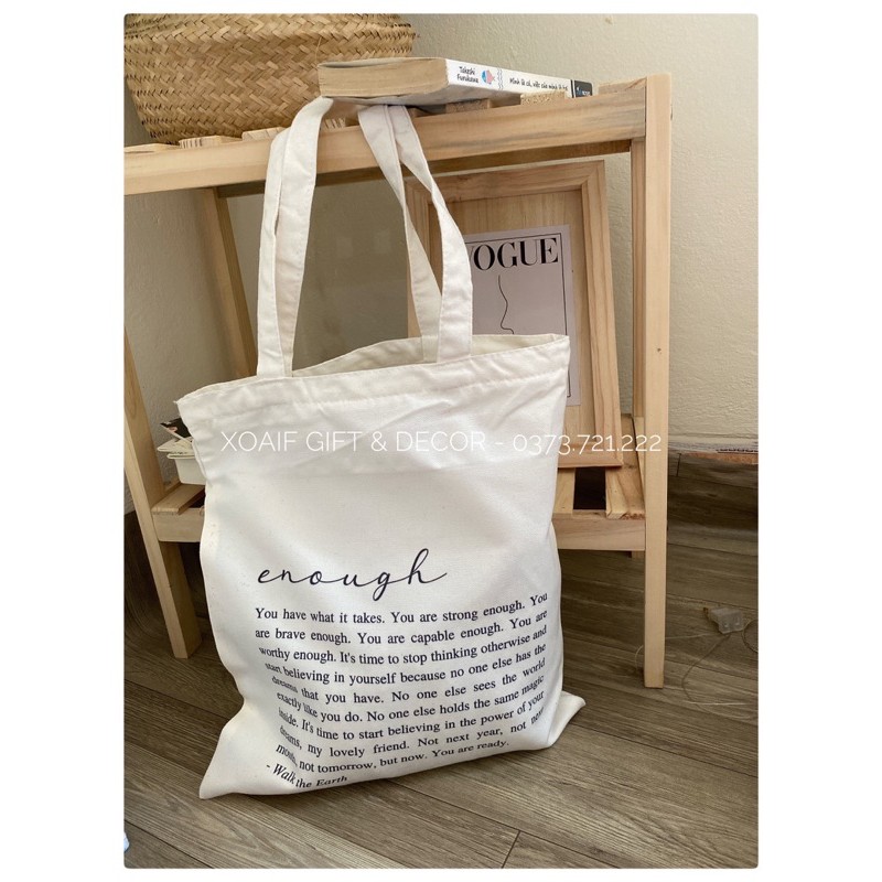 Túi tote vải canvas in chữ Enough túi đeo vai có khoá miệng