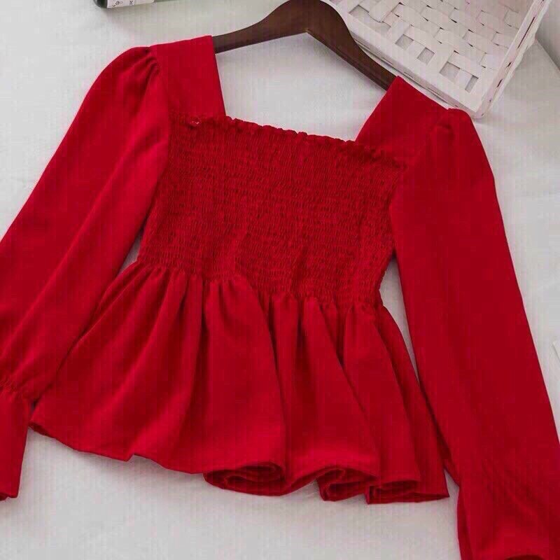 Áo babydoll cổ vuông nhún tay dài chất kate - Z7U