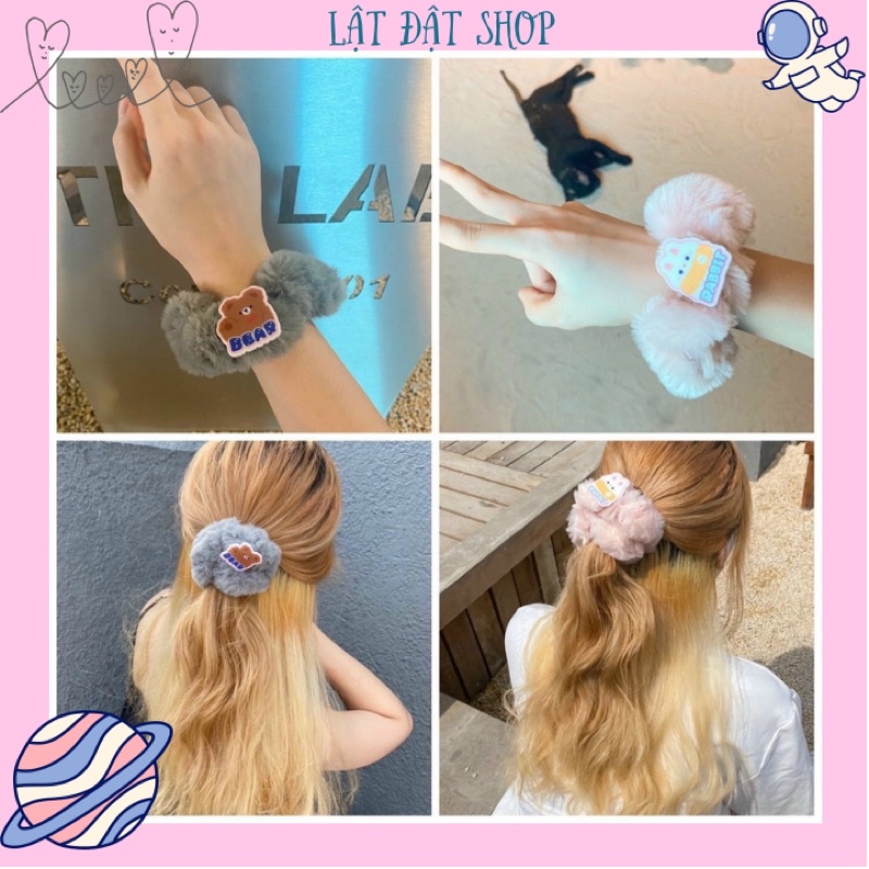 Cột tóc scrunchie lông hoạ tiết bò sữa/thỏ/gấu siêu êm tóc