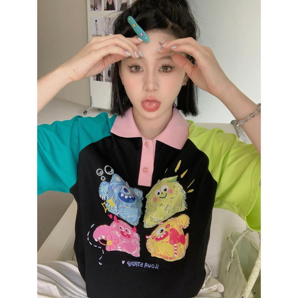 「 WELOVE1 」Áo Thun Cotton Tay Ngắn Raglan In Họa Tiết Hoạt Hình Màu Tương Phản Đa Năng Cho Nữ