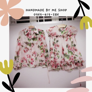 Cặp đôi mẹ và bé - mẹ áo sơ mi, đầm bé - vải tơ hoa hồng