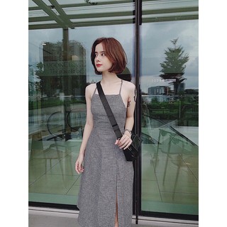 Đầm suông 2 dây hở lưng caro ds09