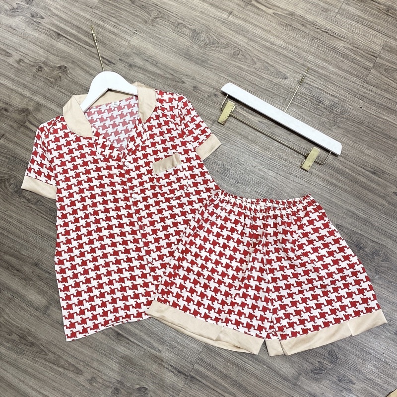 Bộ pijamas lụa thiết kế mặc nhà hoạ tiết nhiều hình Đồ ngủ quần đùi áo cộc nữ