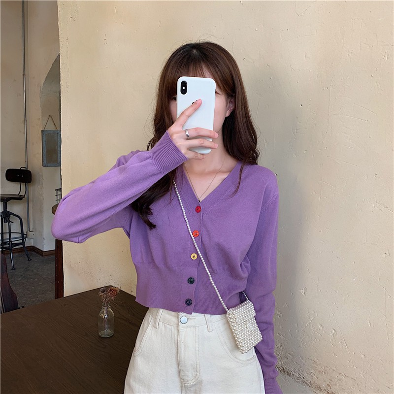 Áo cardigan len nút màu cổ chữ V tay dài freesize phong cách Hàn Quốc trẻ trung cho nữ hàng Quảng Châu | WebRaoVat - webraovat.net.vn