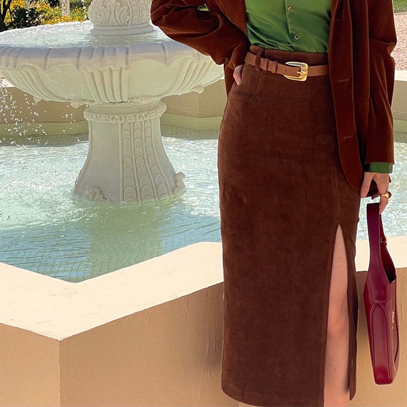 Chân váy nhung COZOK lưng cao xẻ tà phong cách vintage