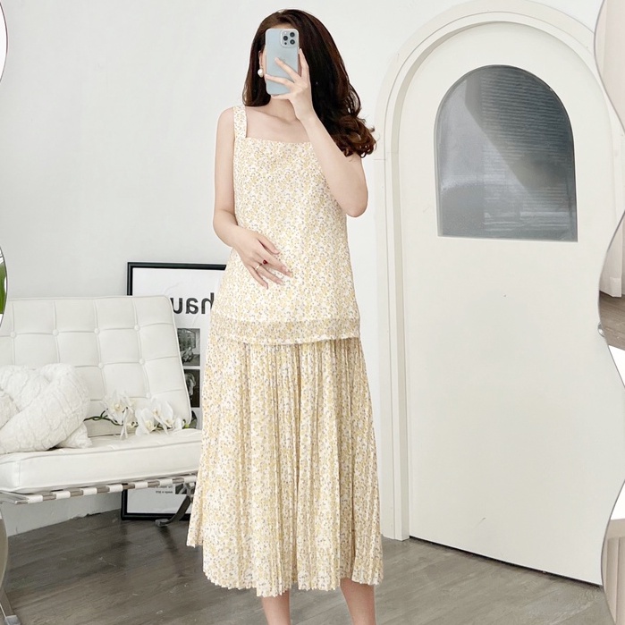 MEDYLA - Áo bầu 2 dây 2 lớp chiffon lót lụa cho bầu thoải mái mặc trong và sau sinh mặc kèm chân váy hoa xếp ly - ASM121