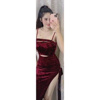 đầm nhung 2 dây xẻ đùi